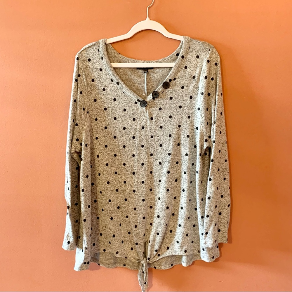 LANE BRYANT sz 14/16 Lightweight Gray Polka Dot Pullover Tie Front Sweater Top
